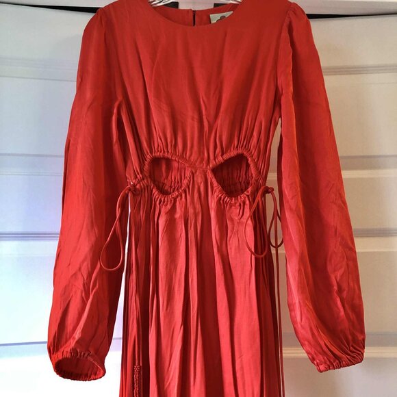 New FARM RIO Red Satin Boho Maxi Dress Beaded Tassels Cutout Waist S MSRP $265 - Picture 6 of 14